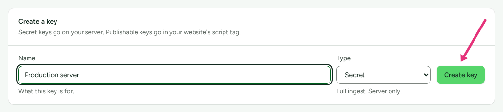 The Create a key card on Settings › Developer › API keys, with Production server typed as the name and Secret chosen, and an arrow at Create key.