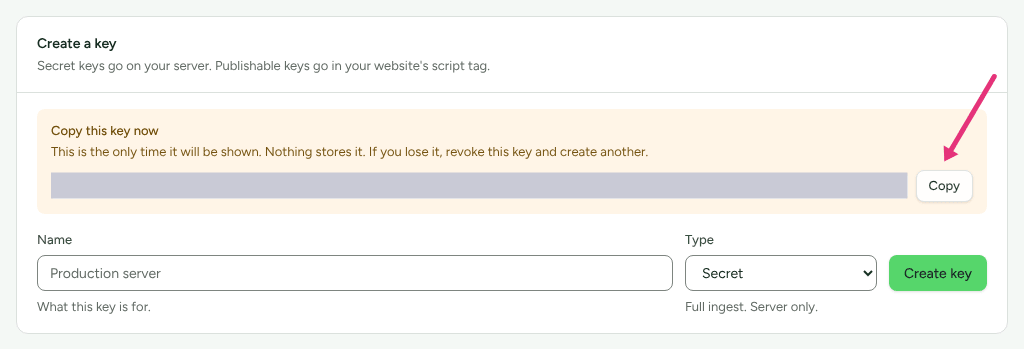 The Copy this key now panel, with the new key hidden and an arrow at Copy.