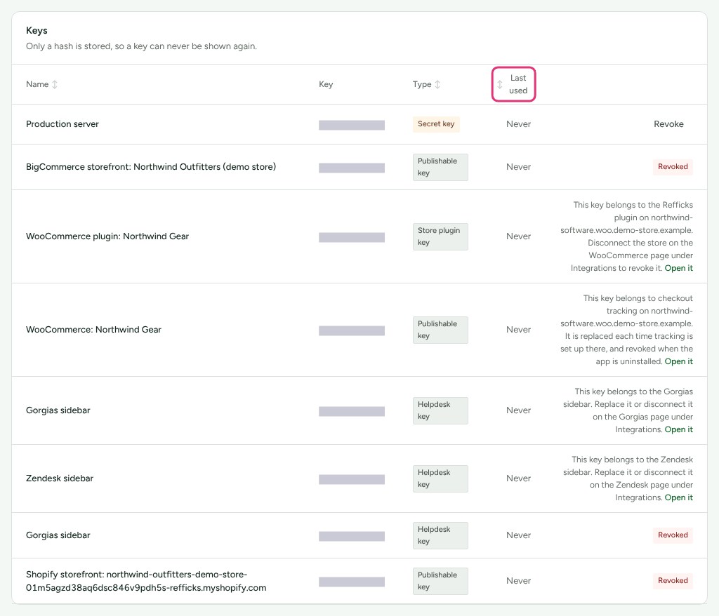 The Keys list on Settings › Developer › API keys, with each key's name, masked first characters, type and Last used, and the Last used heading outlined.