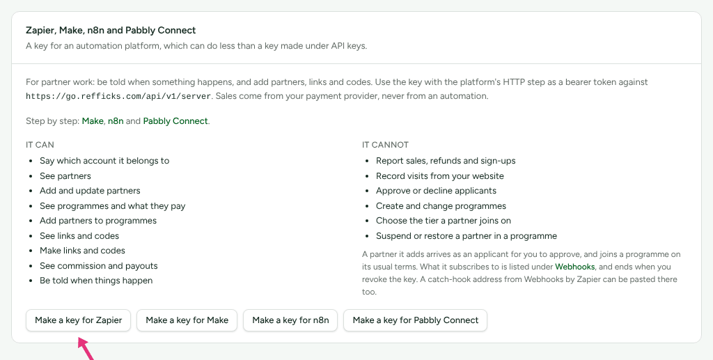 The Zapier, Make, n8n and Pabbly Connect card on Integrations › Developer, listing what such a key can and cannot do, with an arrow at Make a key for Zapier.
