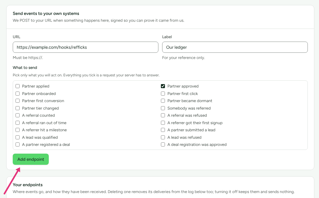 The Send events to your own systems card on Integrations › Webhooks, with an address and a label typed in and Partner approved ticked, and an arrow at Add endpoint.
