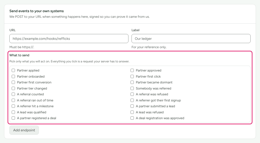 The What to send list on Integrations › Webhooks, outlined, showing the first of the events Refficks can send in a list that scrolls.