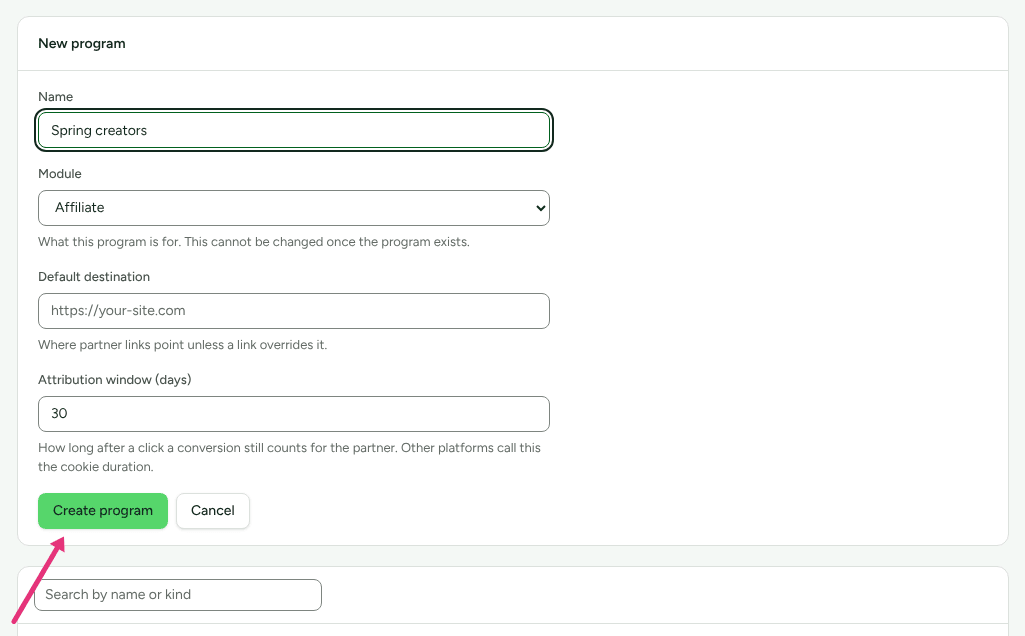 The New program form with a name filled in, with an arrow at Create program.