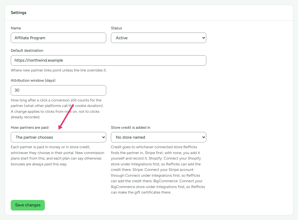 The Settings card on a program, with an arrow at How partners are paid.