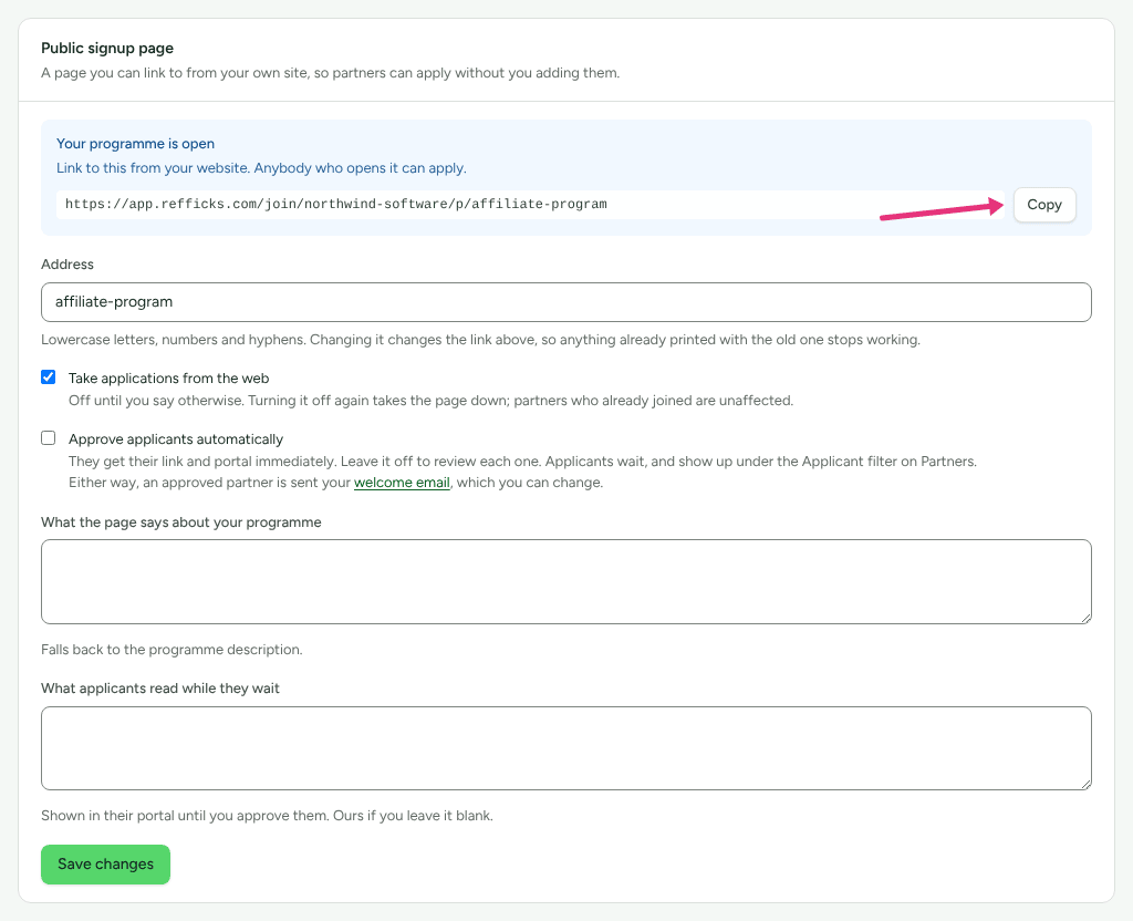 The Public signup page card with the Your programme is open box and its address, with an arrow at Copy.