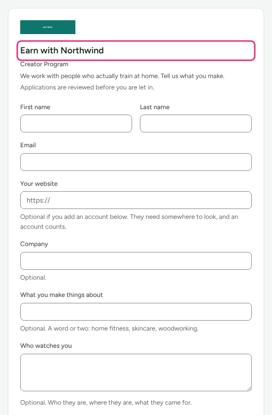 The top of a creator program's public signup page as an applicant sees it, with its heading outlined.