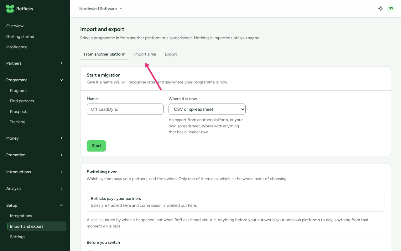 Import and export, opened from the menu on From another platform, with an arrow at the Import a file tab.