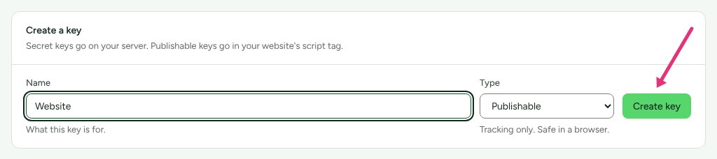 The Create a key card on Settings › Developer › API keys, with Website typed as the name, Publishable chosen as the type, and an arrow at Create key.