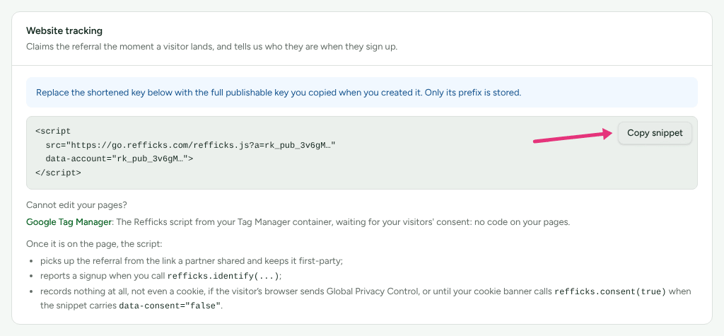 The Website tracking card on Integrations › Connections, showing the script tag with the publishable key shortened, with an arrow at Copy snippet.