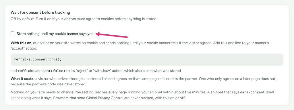 The Wait for consent before tracking card on Settings › Partners and payouts › Partner links, with an arrow at Store nothing until my cookie banner says yes.