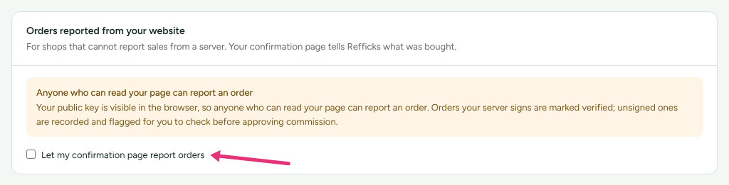The Orders reported from your website card on Settings › Developer › Website orders, with its warning and an arrow at Let my confirmation page report orders.