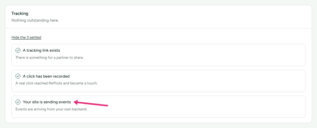 The Tracking group on Getting started with its settled lines unfolded, listing A tracking link exists, A click has been recorded and Your site is sending events, with an arrow at Your site is sending events.