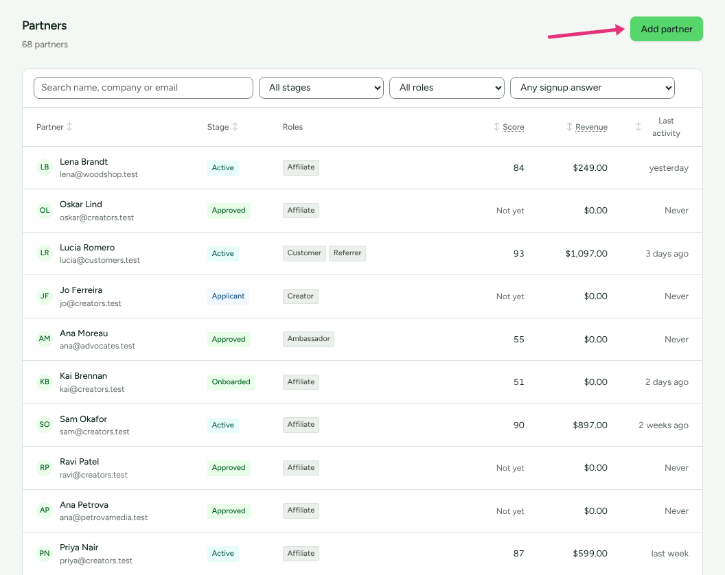The Partners list, with an arrow at the Add partner button in the top right.