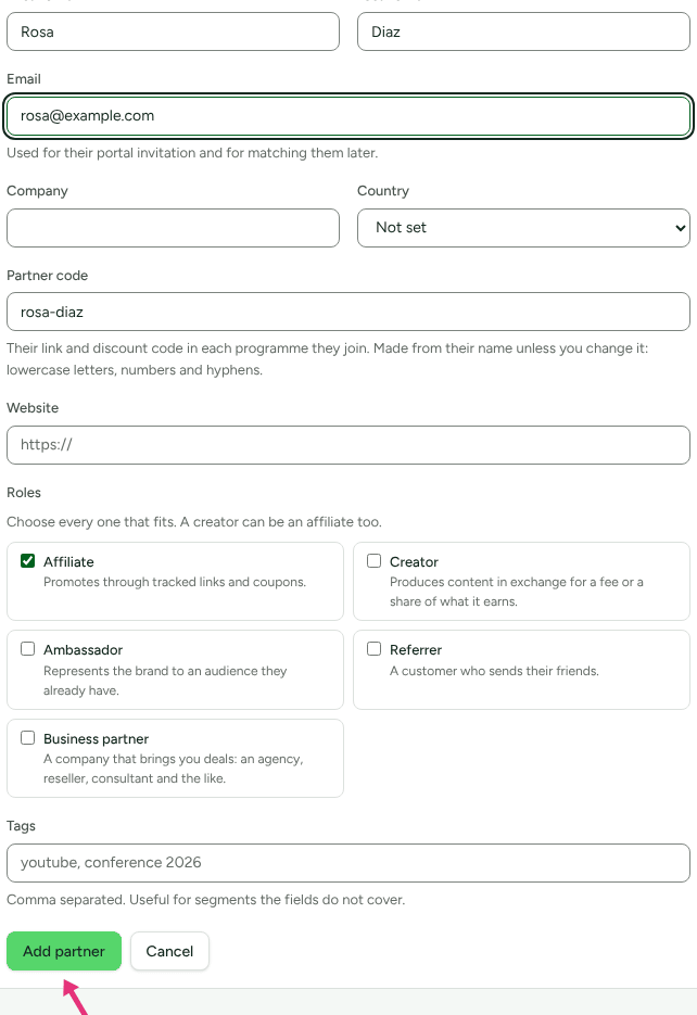 The Add partner form, with rosa@example.com as the email, the partner code rosa-diaz suggested from the name, and an arrow at Add partner.