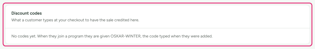 The Discount codes card on Oskar Lind's page, saying he is given OSKAR-WINTER when he joins a program.