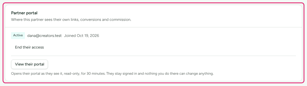 The Partner portal card in Dana Lopez's Account section, reading Active with the date she joined.