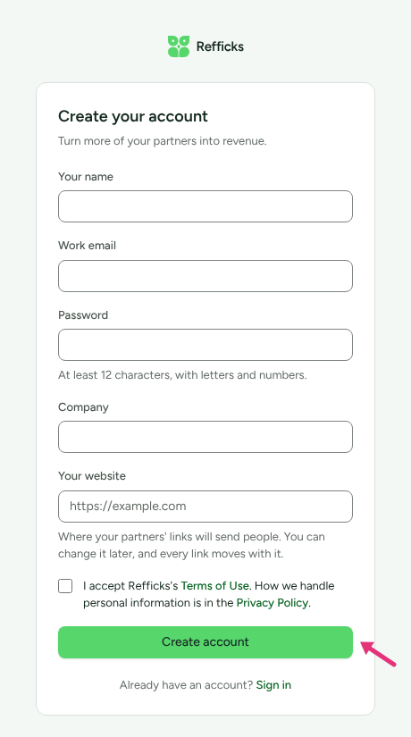 The Create your account page, with an arrow at Create account.