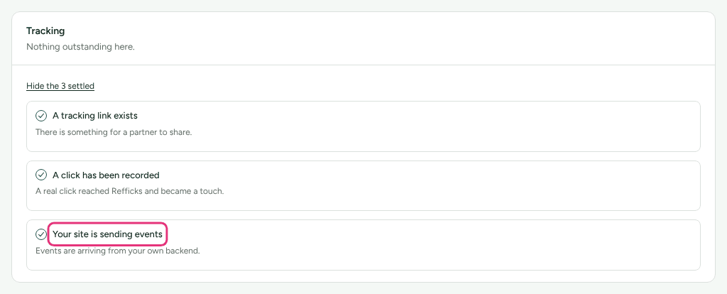 The Tracking group on Getting started with its settled lines unfolded, and the line Your site is sending events outlined.