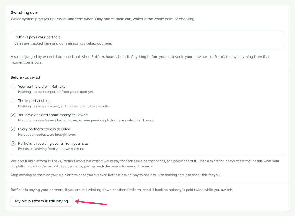 The Switching over card on Import and export › From another platform, showing who pays your partners now and the Before you switch checklist, with an arrow at My old platform is still paying.