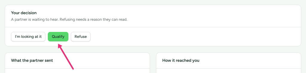 The Your decision card on a partner's lead, with an arrow at Qualify.