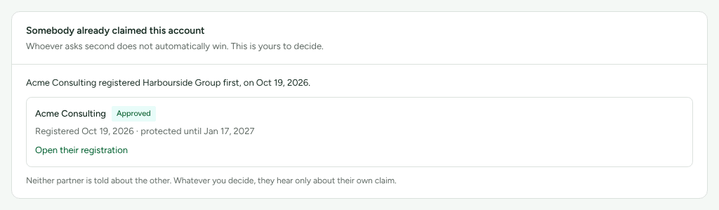 A contested deal registration, showing the claim another partner already holds on the same account.