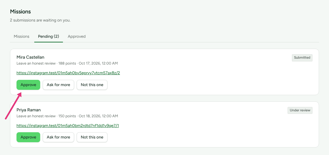 The Pending tab of Missions with two submissions waiting, one Submitted and one Under review, each with Approve, Ask for more and Not this one, and an arrow at Approve.