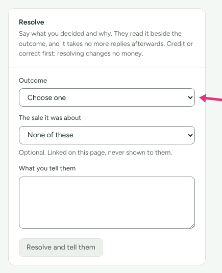 The Resolve card on a query with Outcome, The sale it was about and What you tell them, with an arrow at Outcome.