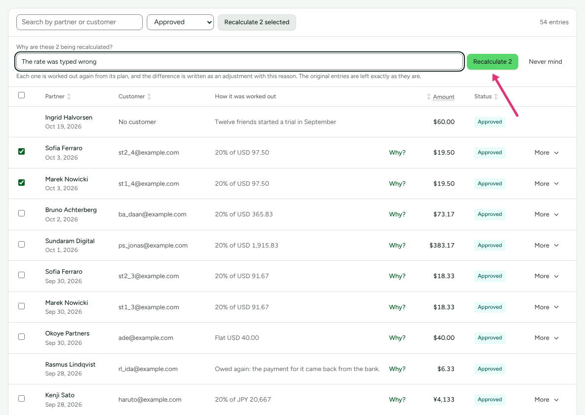 The Commissions list filtered to Approved with two commissions ticked and the form Why are these 2 being recalculated? open under the filters, with an arrow at Recalculate 2.
