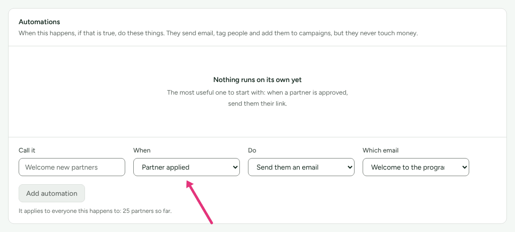 The Automations card on Campaigns with its form, and an arrow at the When list of triggers.