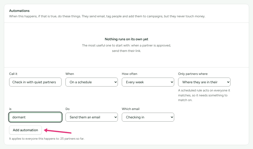 A weekly rule being added on the Automations card: partners whose stage is dormant are sent Checking in, with an arrow at Add automation.