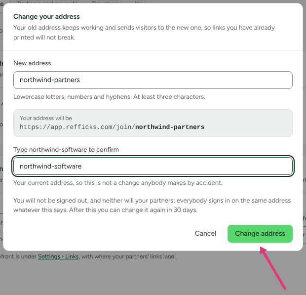 The Change your address dialog with northwind-partners typed as the new address, its preview, and the current address typed to confirm, with an arrow at Change address.