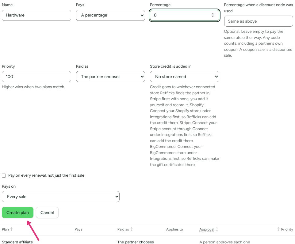 The new plan form filled in with the name Hardware and 8 percent, with an arrow at Create plan.