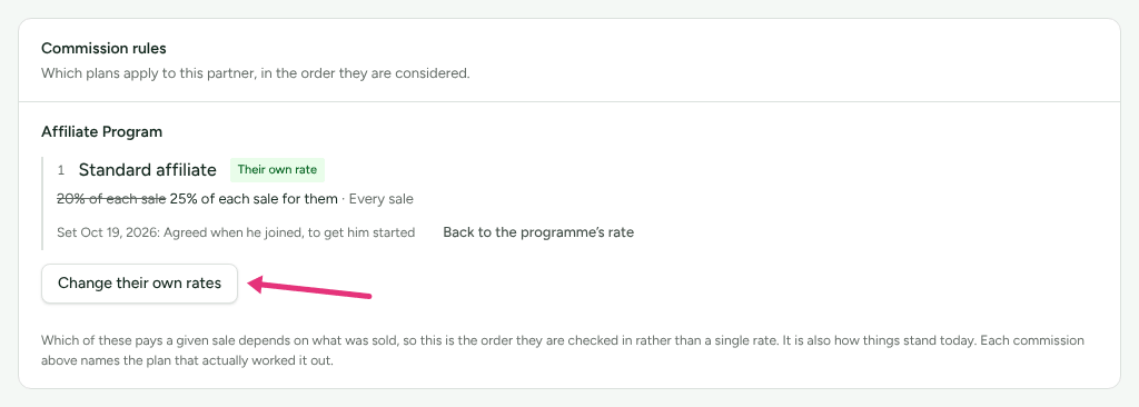 The Commission rules card in Ravi Patel's Money section, showing his own 25% on Standard affiliate and the reason, with an arrow at Change their own rates.