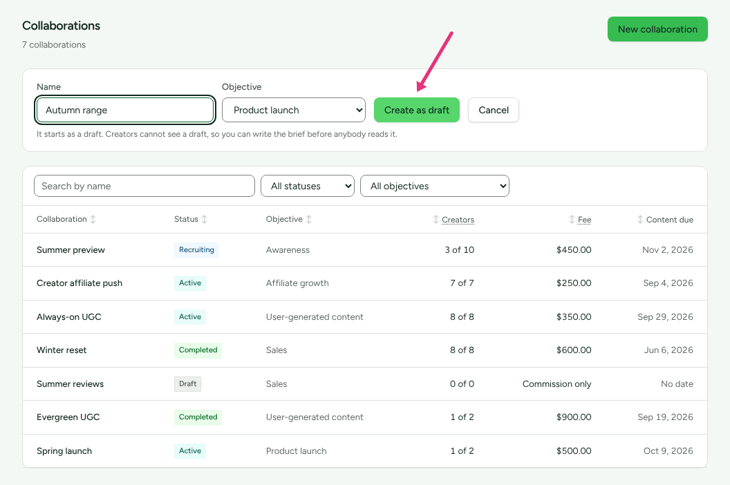 The new collaboration form on Collaborations, with a name typed in and an arrow at Create as draft.
