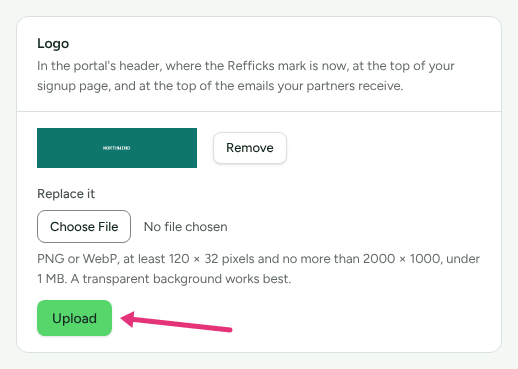 The Logo card on Settings › Workspace › Branding showing the current logo, with an arrow at Upload.