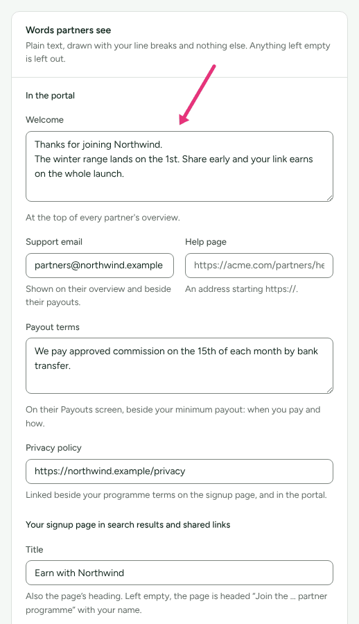 The Words partners see card on Settings › Workspace › Branding with a welcome, support email and payout terms filled in, with an arrow at Welcome.