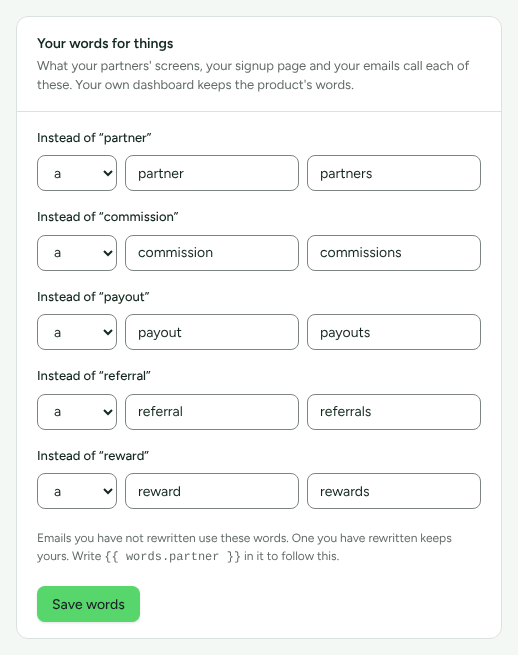 The Your words for things card on Settings › Workspace › Branding, with a row for each of the five words.