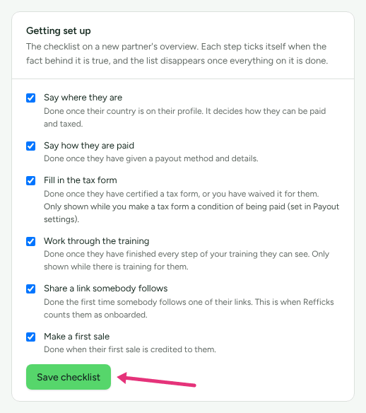 The Getting set up card on Settings › Workspace › Branding listing the six steps, with an arrow at Save checklist.