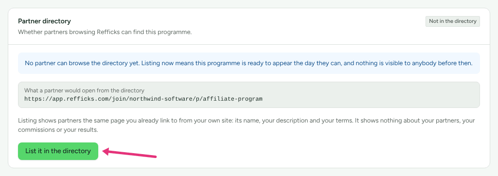 The Partner directory card on an open program, showing the address a partner would open, with an arrow at List it in the directory.