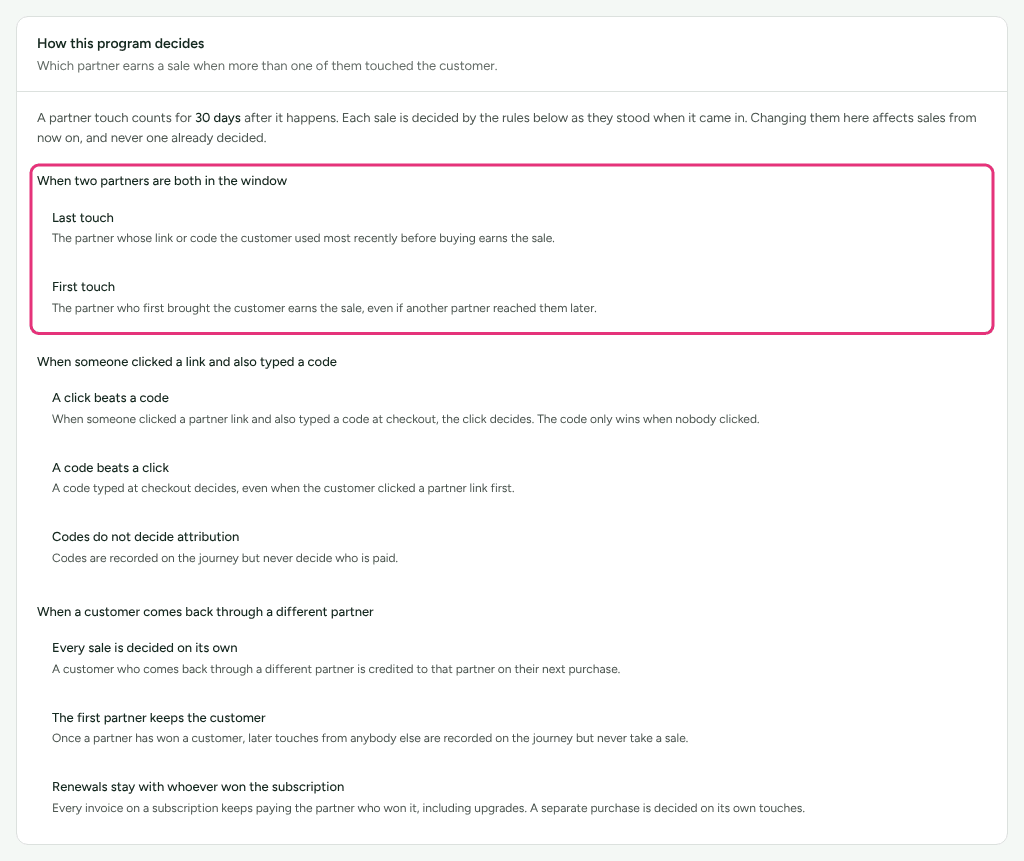 The How this program decides card on the Affiliate Program, with its three rules, and the first rule outlined.