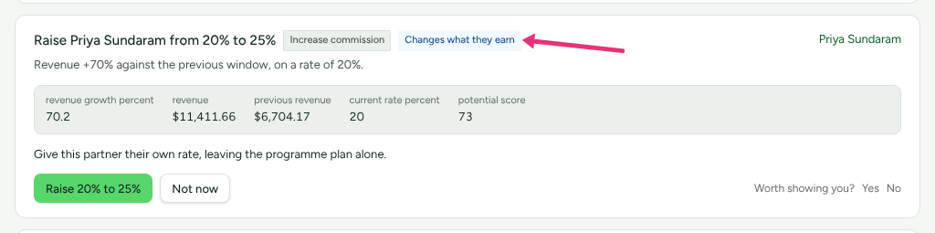 A Needs you recommendation to raise Priya Sundaram from 20% to 25%, with its evidence and buttons, and an arrow at its Changes what they earn badge.