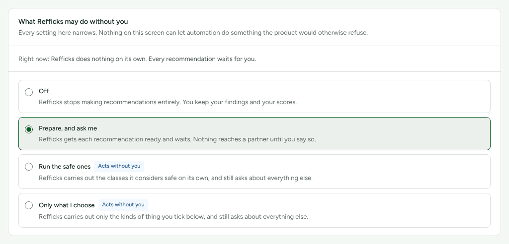 The What Refficks may do without you card on Settings › Partners and payouts › Automation, with what runs right now and the four modes.