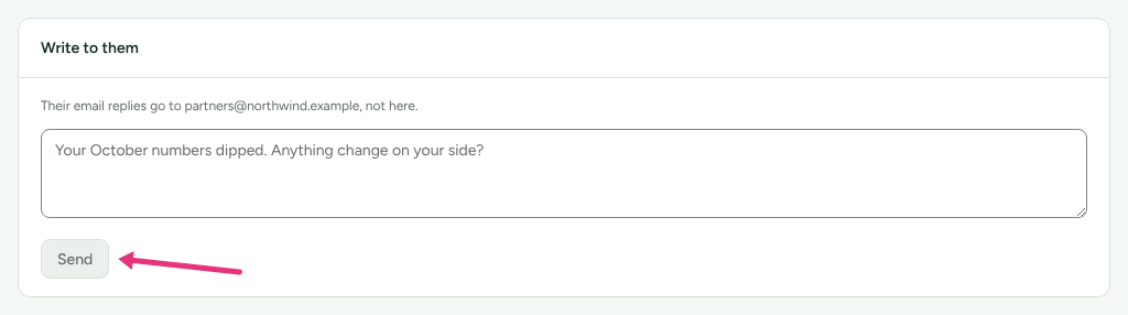 The Write to them card in a partner's Messages section, saying where their reply goes, with an arrow at Send.