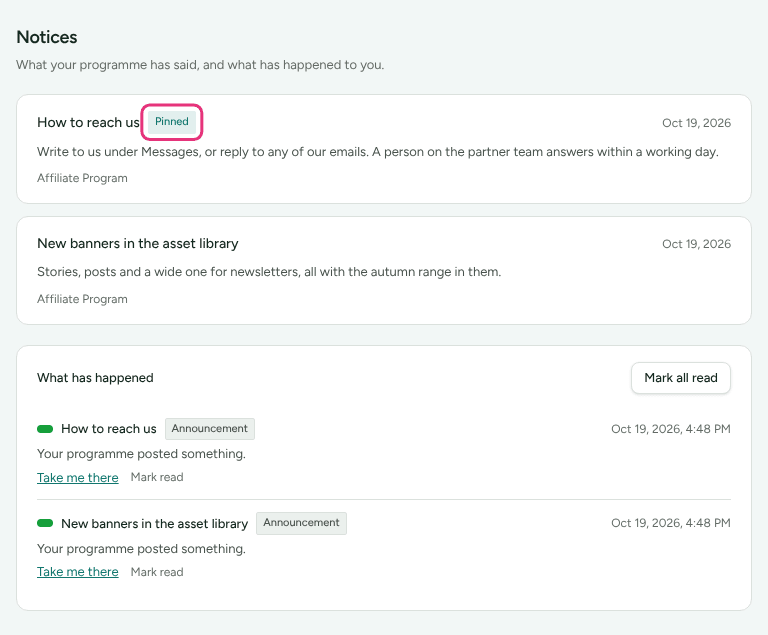 The Notices page in a partner's portal, with the pinned notice first and a newer one under it.