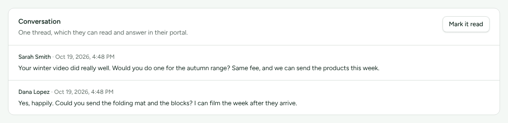 The Conversation card in a partner's Messages section, with a note from the merchant and the partner's answer under it.