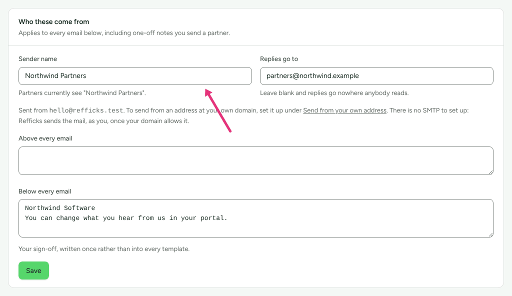 The Who these come from card on Settings › Partners and payouts › Emails with Sender name, Replies go to and the sign-off, with an arrow at Sender name.