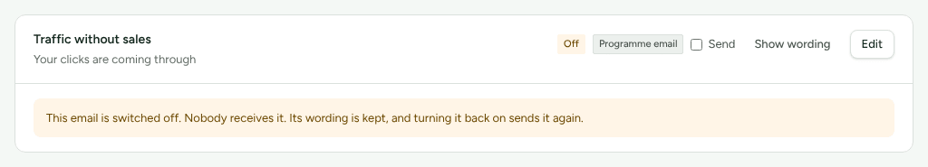 The Traffic without sales card marked Off, saying the email is switched off and nobody receives it.