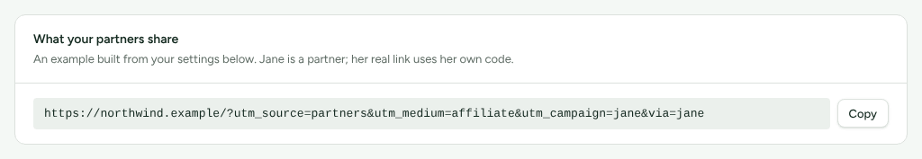 The What your partners share card on Settings › Partners and payouts › Partner links, showing an example partner link built from the workspace's settings.