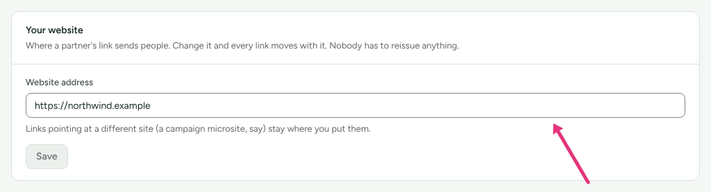 The Your website card, with an arrow at the Website address field.