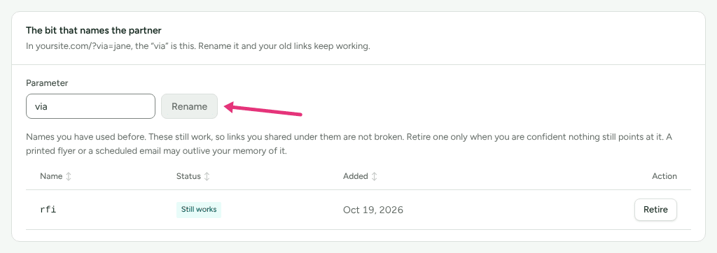 The bit that names the partner card, with the Parameter field and an arrow at Rename.